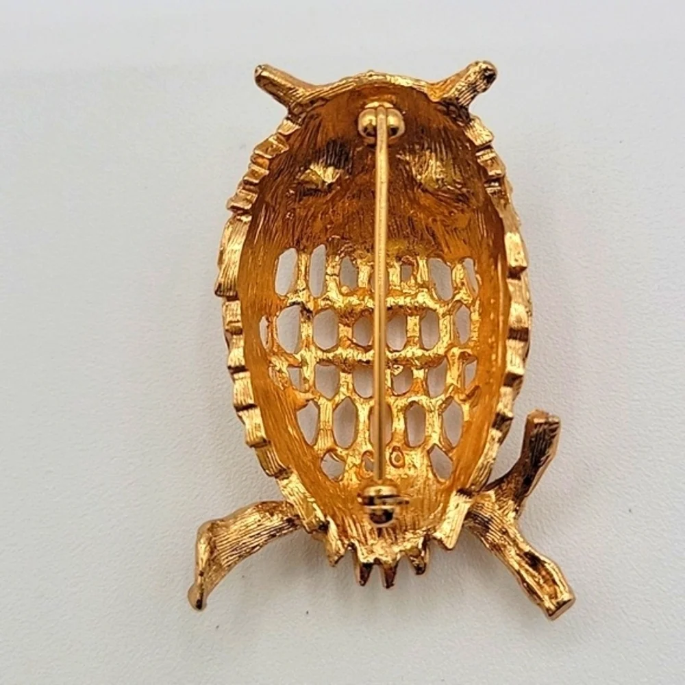 NAPIER Owl Brooch Vintage Gold Tone Rhinestones - Picture 5 of 6